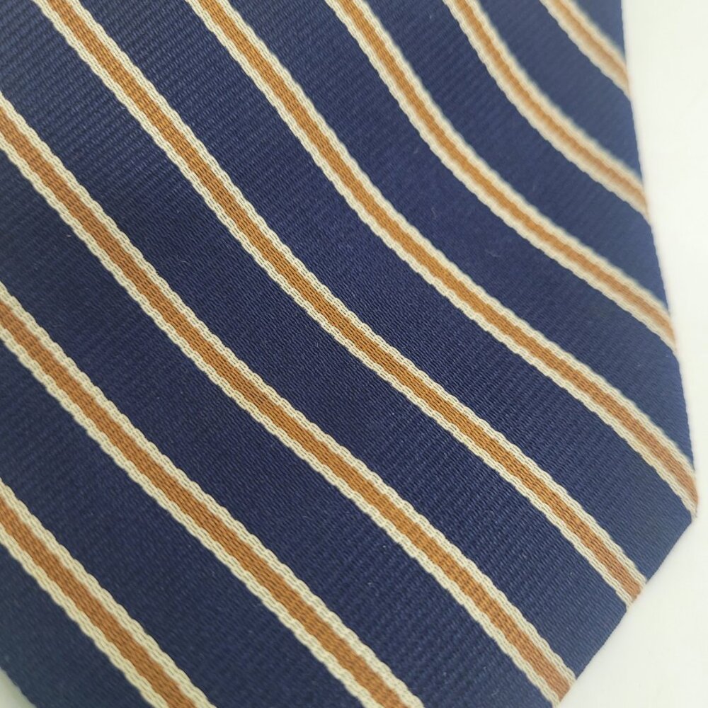 Land's End Mens Silk Repp Tie Navy Blue Gold stripe Old Money Academia Preppy - Picture 2 of 6